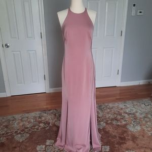 Long pink halter top fitted gown dress